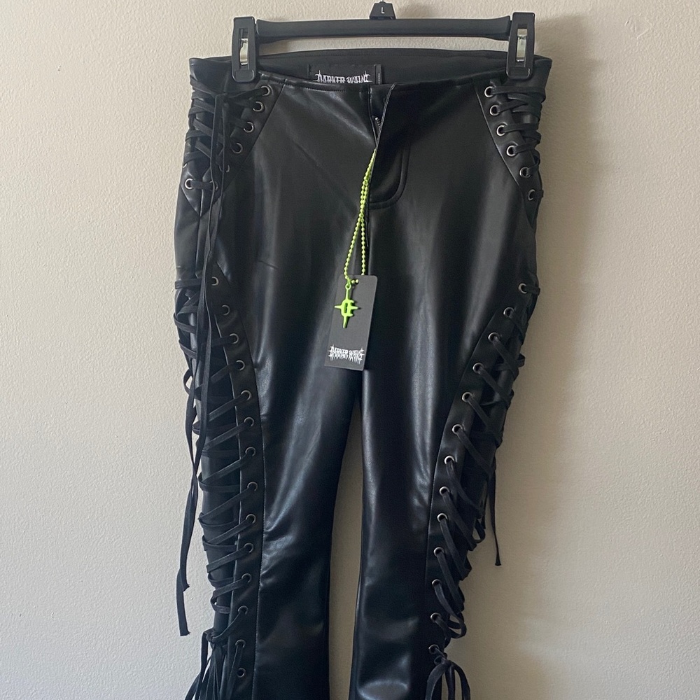 Dolls Kill Darker Waves Black Pleather Lace-Up Flare Pants